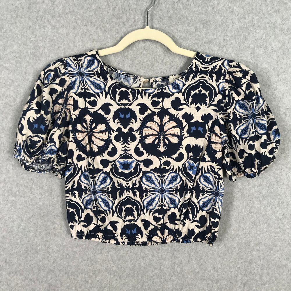 NEW Rachel ZoePuff Sleeve Crop Top Small Navy Cream Paisley Cottage Coquette